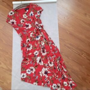 LP NWOT Red Floral Cap Sleeves Hi-Low Sideways Hem Midi Dress